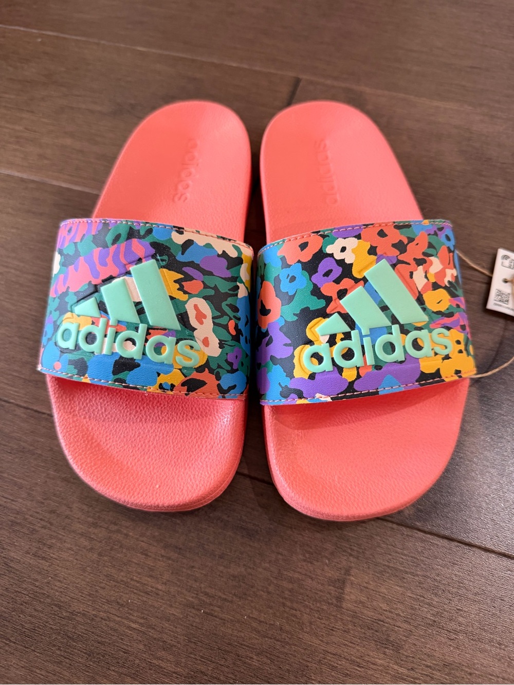 adidas Kids Coral Slide Sandals with Multicolor Floral Strap (size 2 kids)